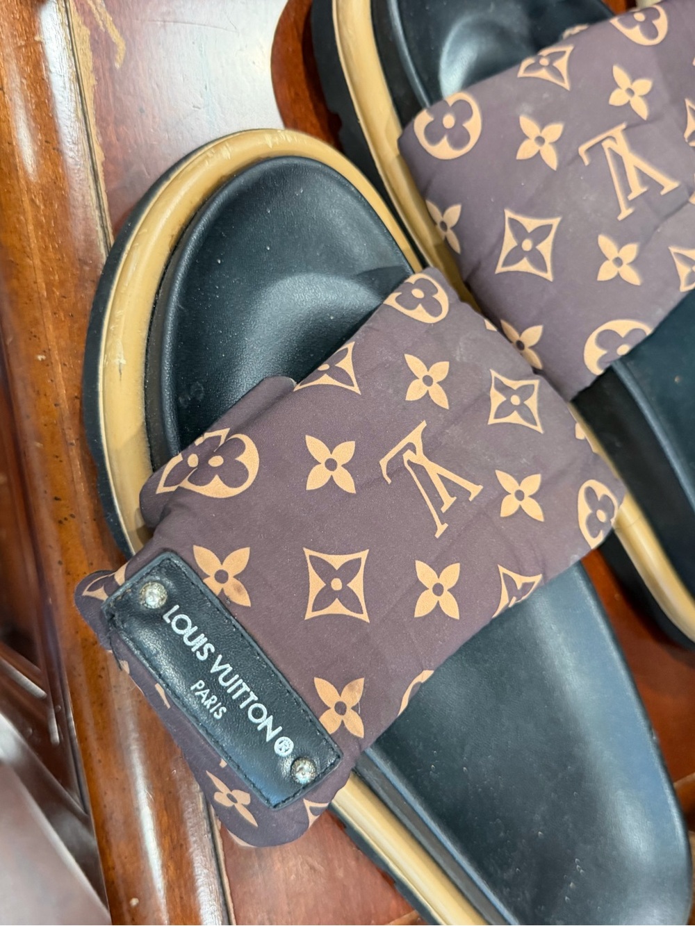 Louis Vuitton Brown Monogram Slide Sandals with Black Footbed